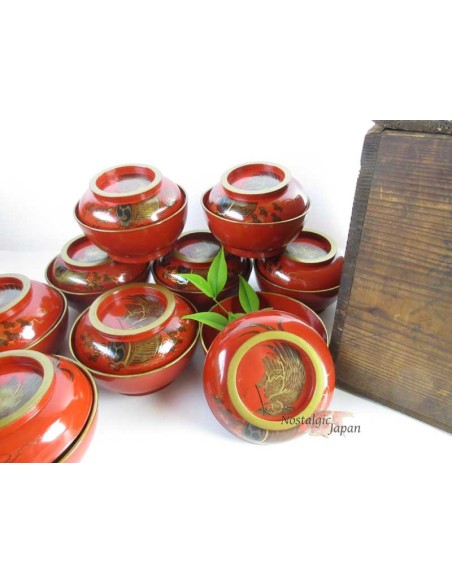 Japanese Vintage Lacquered Wooden Bowls with lid - set of 2